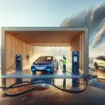 Asian evs at a norwegian fjordside charging hub with a battery swap bay