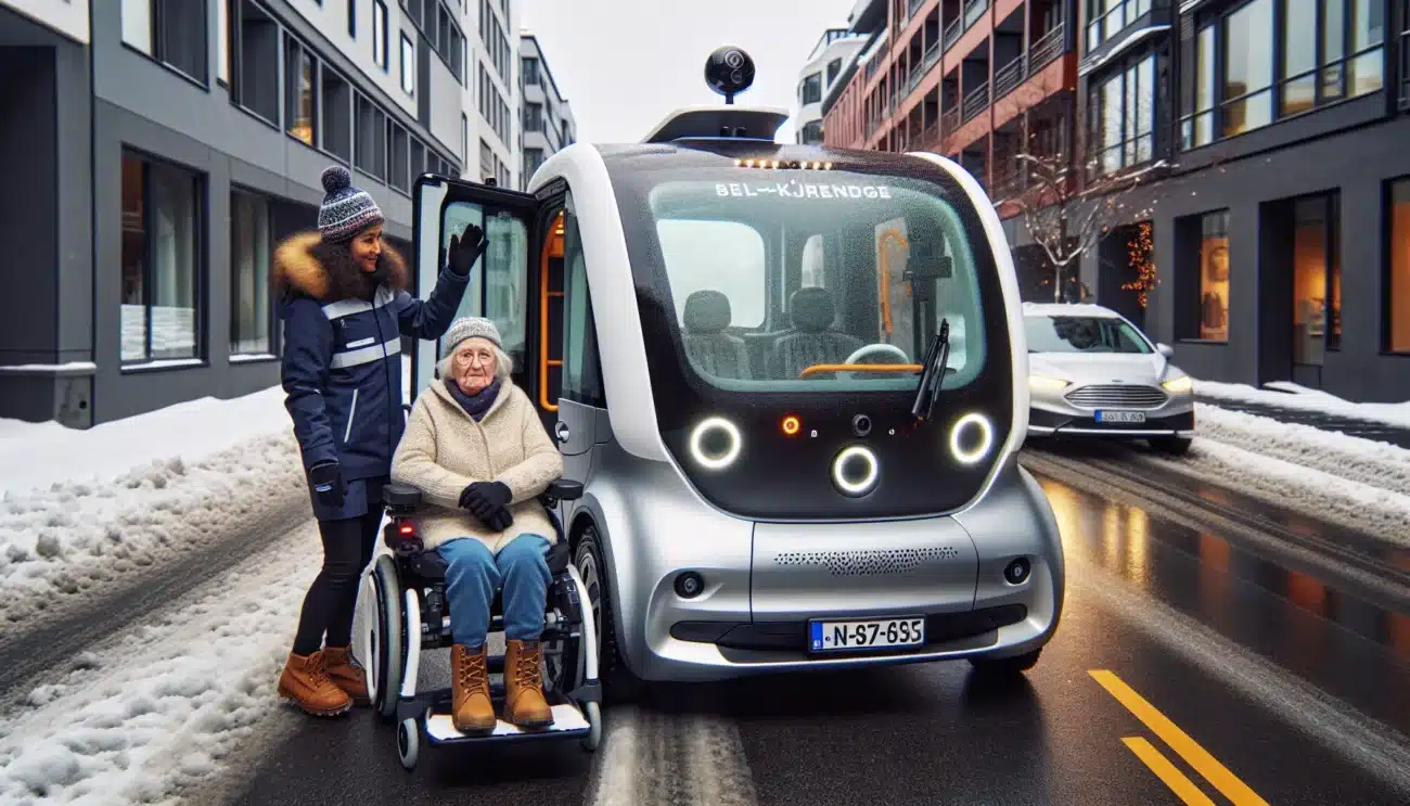 Autonomous electric minibus boards a passenger via ramp on snowy norwegian street