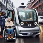 Autonomous electric minibus boards a passenger via ramp on snowy norwegian street