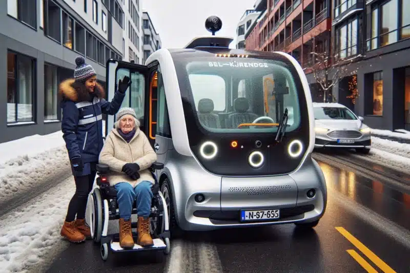 Autonomous electric minibus boards a passenger via ramp on snowy norwegian street