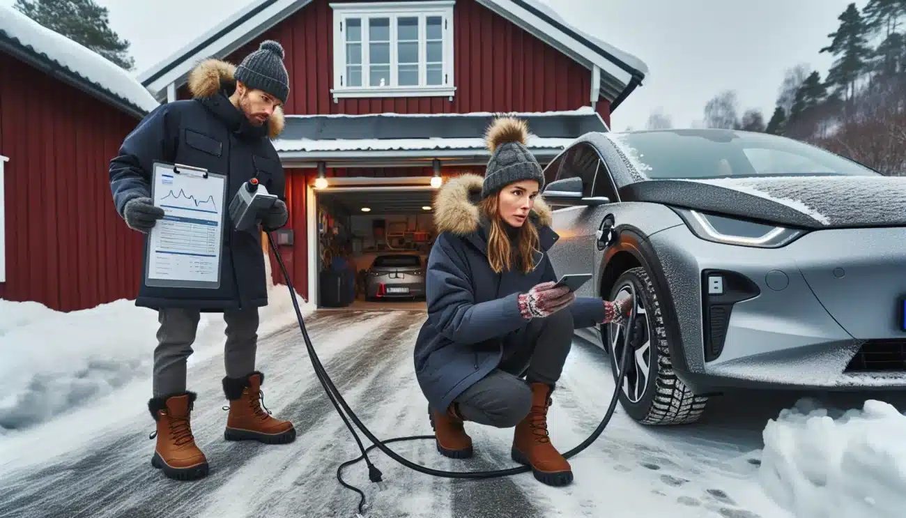 Buyer checks used electric car in snowy norwegian driveway battery and papers