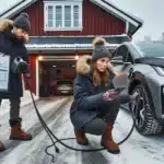 Buyer checks used electric car in snowy norwegian driveway battery and papers