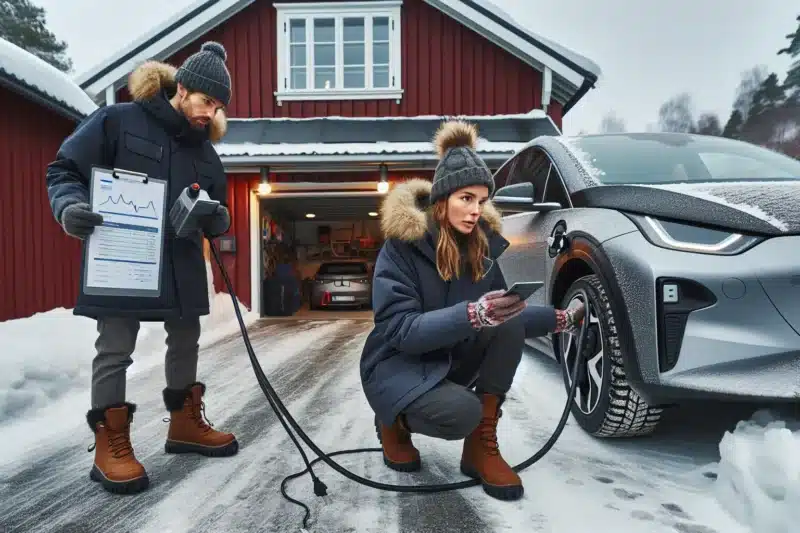 Buyer checks used electric car in snowy norwegian driveway battery and papers
