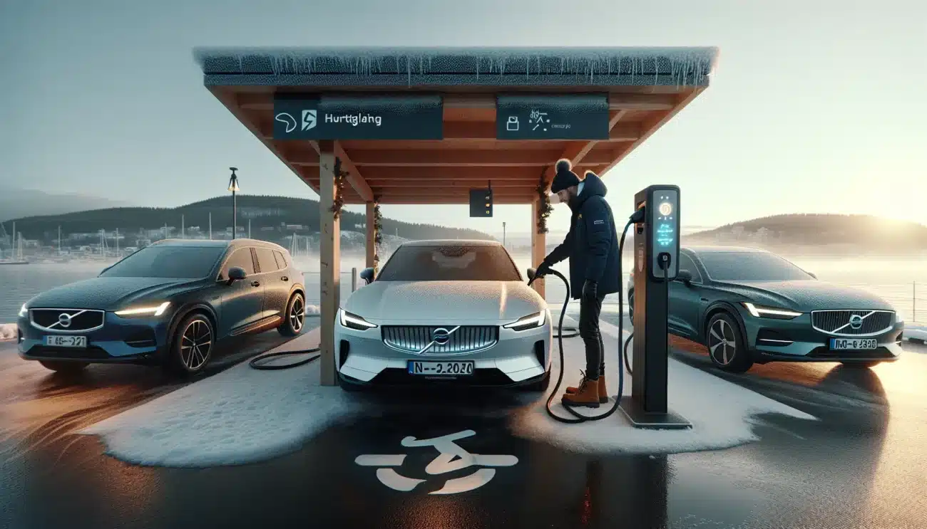 Electric cars charging in winter at an oslo waterfront fast charging station