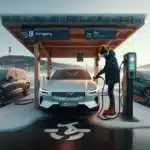 Electric cars charging in winter at an oslo waterfront fast charging station