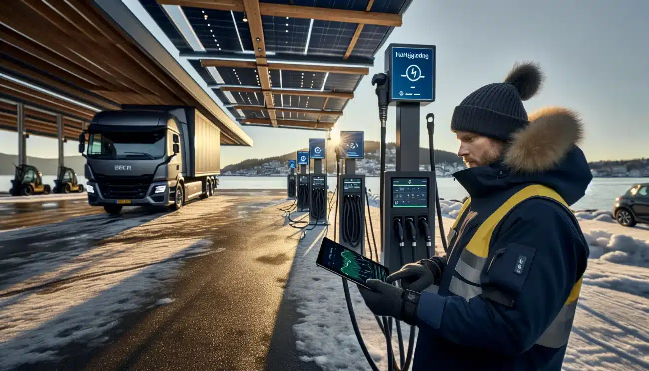 Fleet manager oversees ev charging and hydrogen fueling in norway at dusk