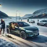Lineup of 2025 electric cars charging in snowy norwegian mountains at dawn