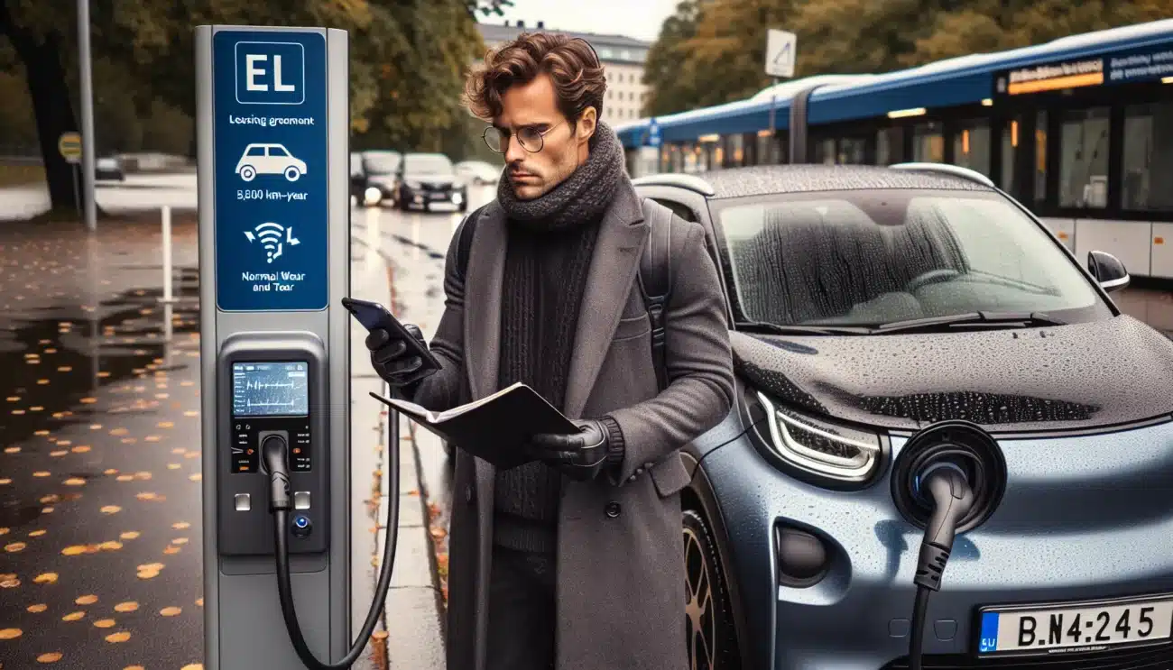 Norwegian commuter reviews ev leasing papers beside a charging car in oslo