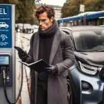 Norwegian commuter reviews ev leasing papers beside a charging car in oslo