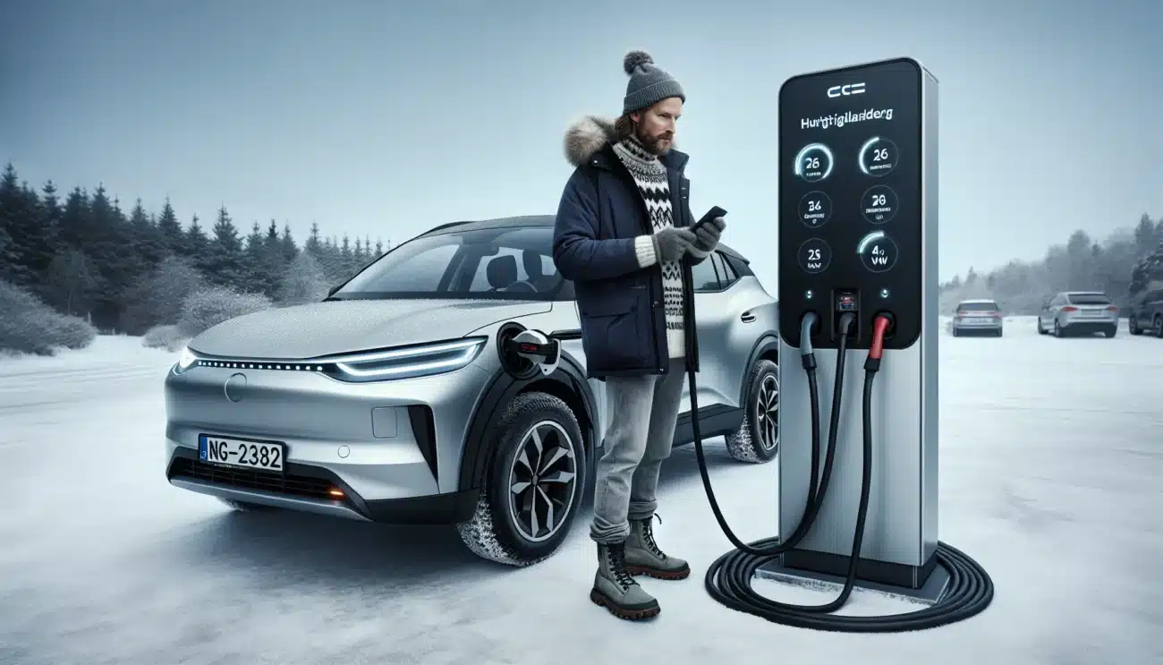 Norwegian driver checks ev insurance on phone while fast charging in winter