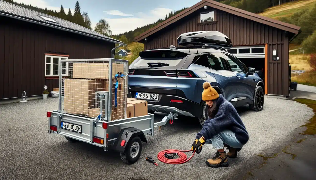 Norwegian ev with braked trailer as driver checks tongue weight at hitch