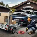 Norwegian ev with braked trailer as driver checks tongue weight at hitch