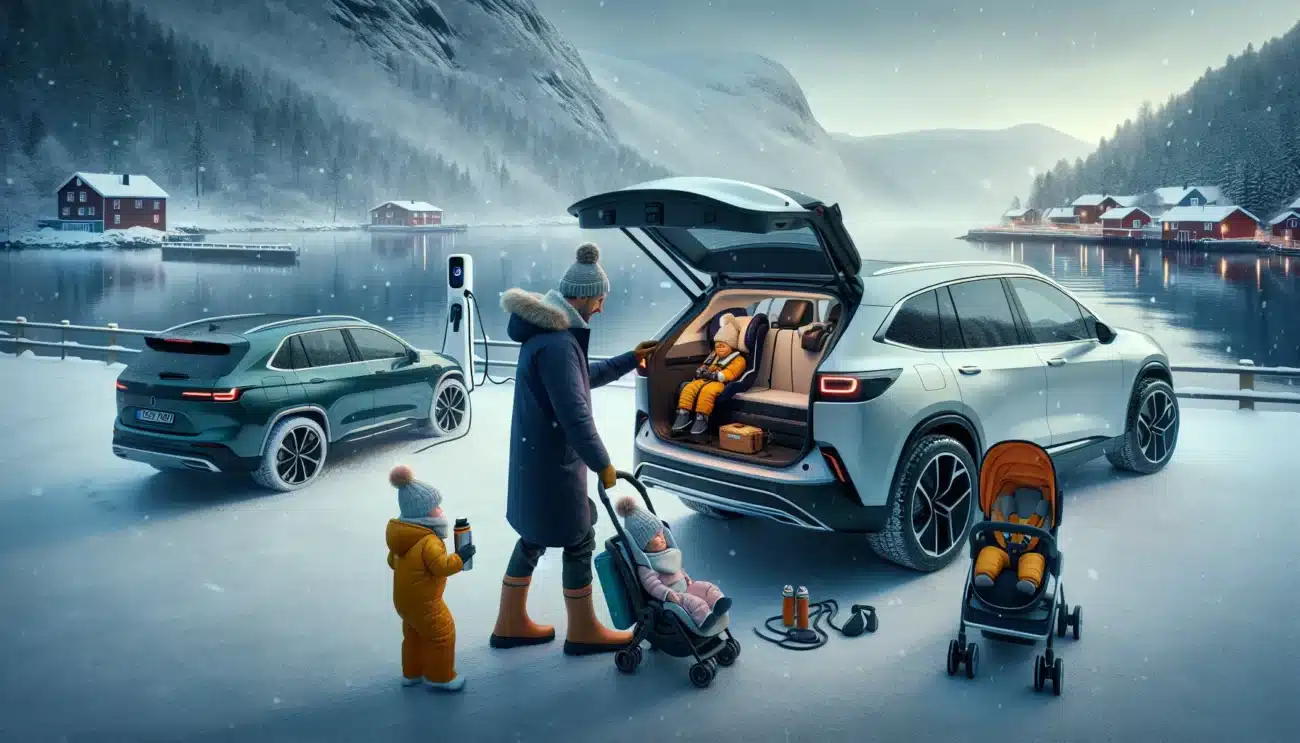 Norwegian family charges and loads an electric suv beside a snowy fjord