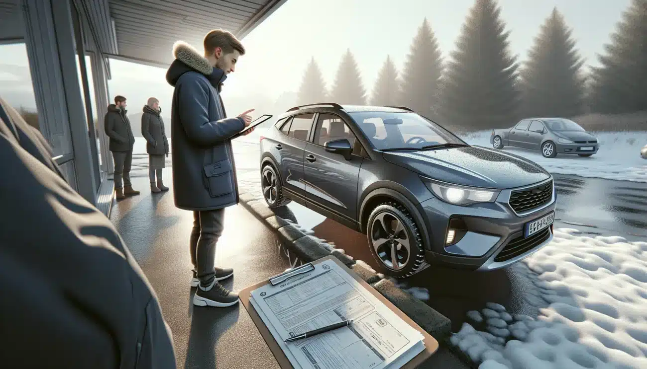 Buyer compares used car listing and service papers outside a norwegian dealership