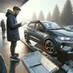 Buyer compares used car listing and service papers outside a norwegian dealership