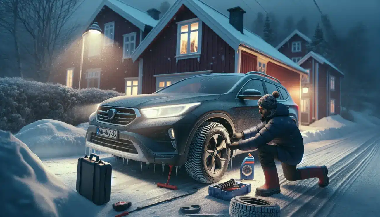 Driver in norway checks winter tires and scrapes frost off car windshield