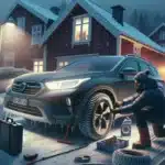 Driver in norway checks winter tires and scrapes frost off car windshield