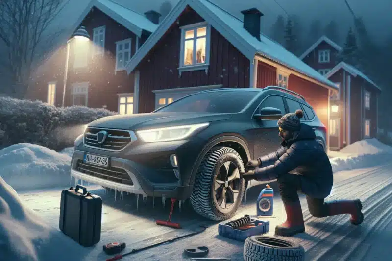 Driver in norway checks winter tires and scrapes frost off car windshield
