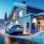 Electric car charging from a home wallbox outside a snowy norwegian house