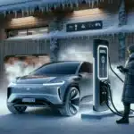 Electric suv fast charging at an 800v station in snowy norway rest stop