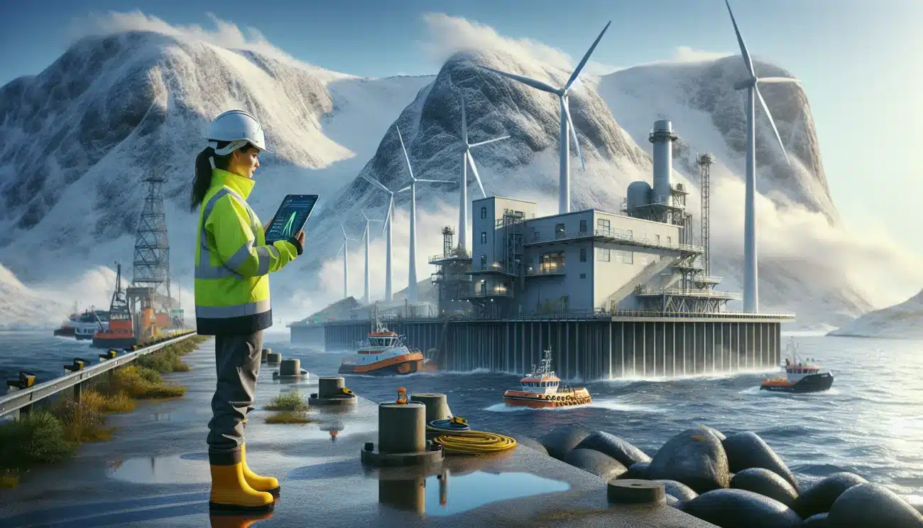 Engineer reviews renewable energy dashboard beside floating wind hydropower and hydrogen site