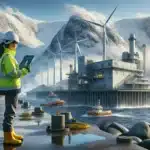 Engineer reviews renewable energy dashboard beside floating wind hydropower and hydrogen site