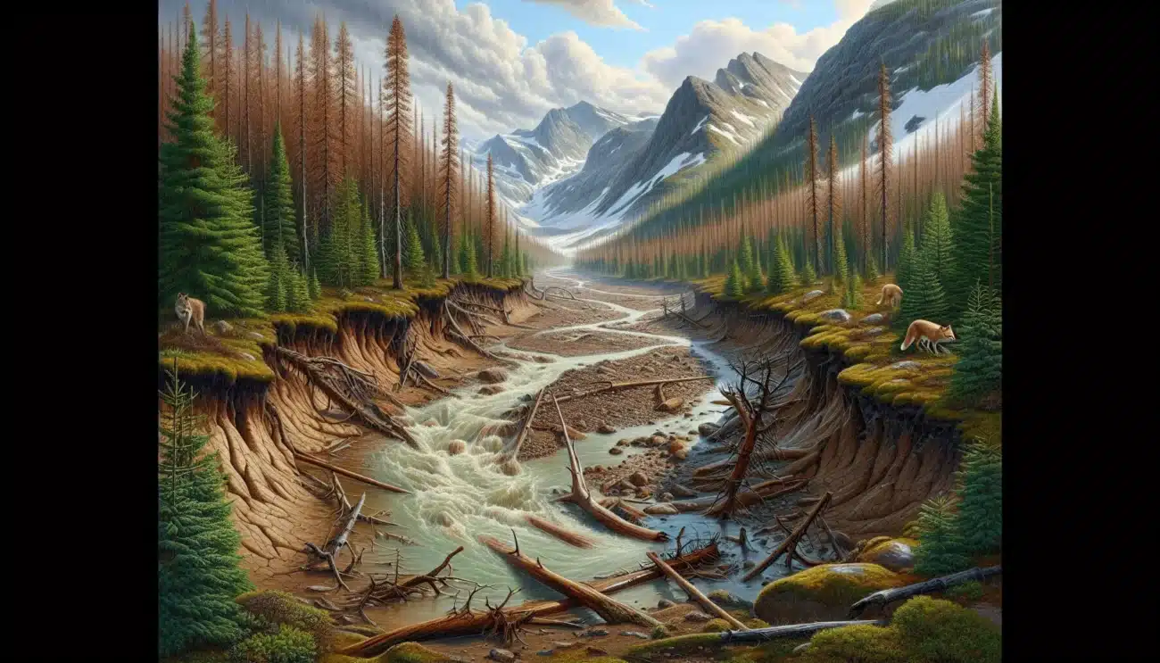 Flooded norwegian valley with stressed forest shrinking snowline and an arctic fox