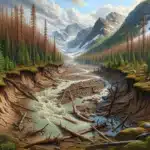 Flooded norwegian valley with stressed forest shrinking snowline and an arctic fox