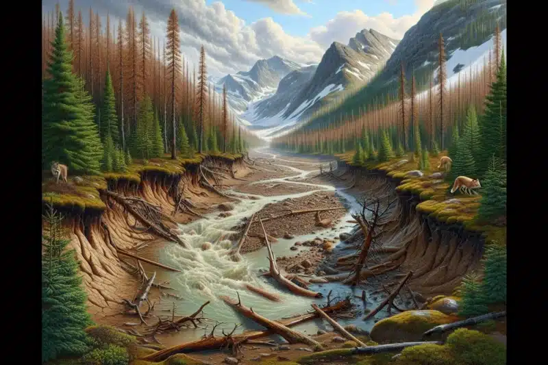 Flooded norwegian valley with stressed forest shrinking snowline and an arctic fox