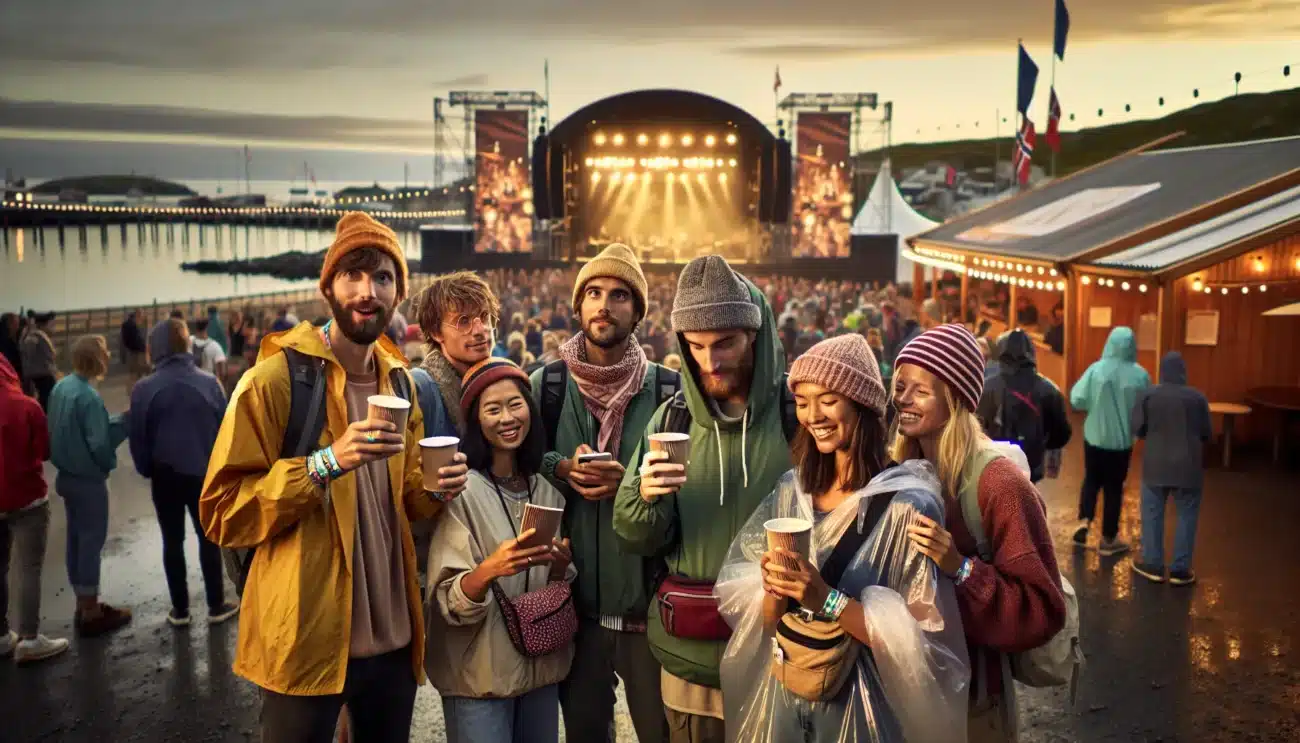 Friends at a norwegian summer festival by the sea at sunset