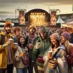 Friends at a norwegian summer festival by the sea at sunset