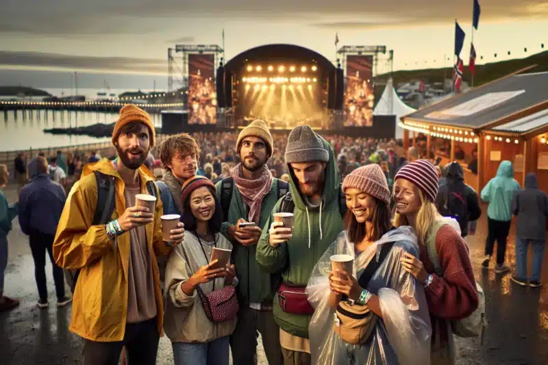 Friends at a norwegian summer festival by the sea at sunset