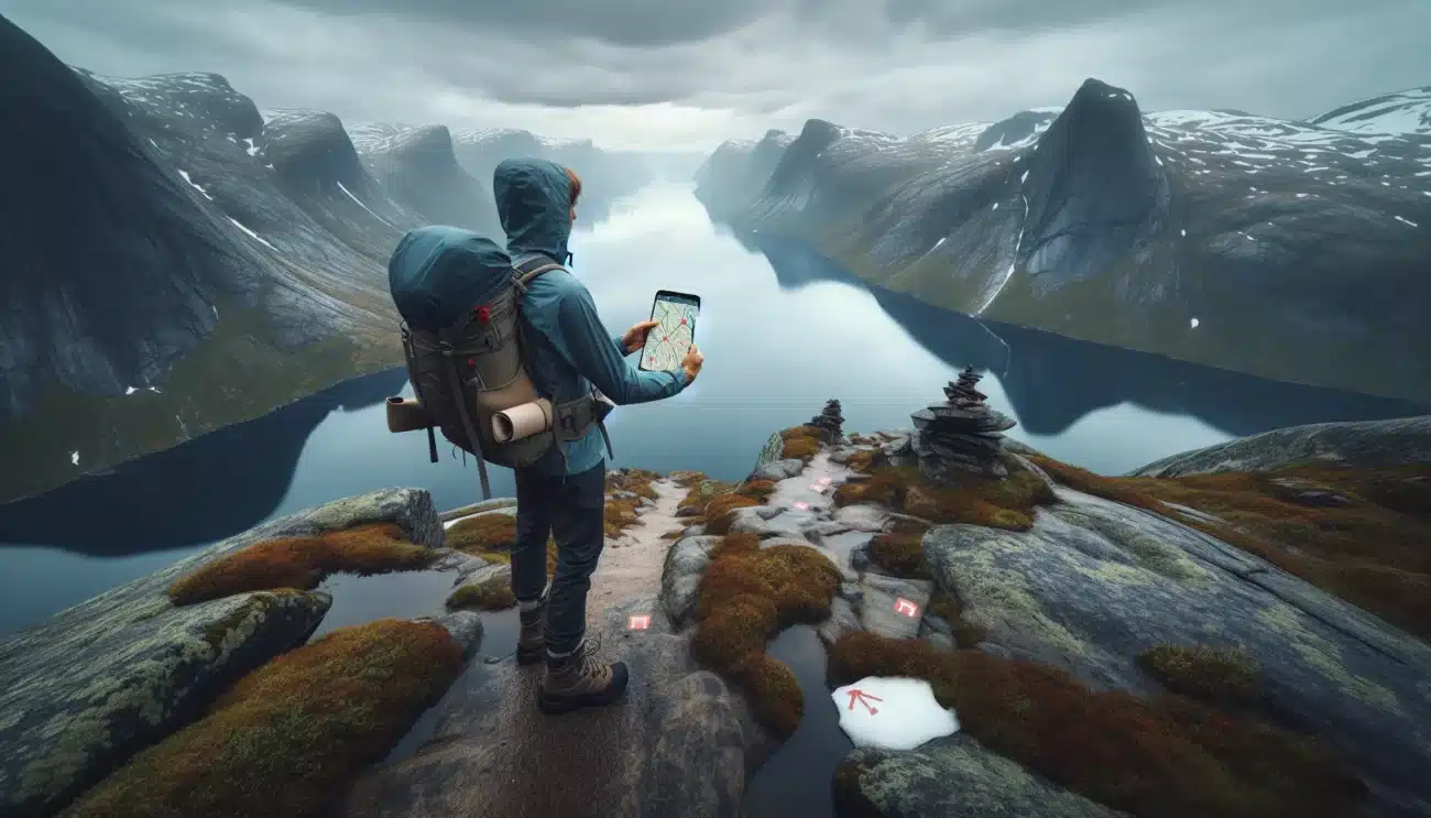 Hiker in norway checking trail maps at a fjord side mountain viewpoint