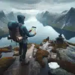Hiker in norway checking trail maps at a fjord side mountain viewpoint