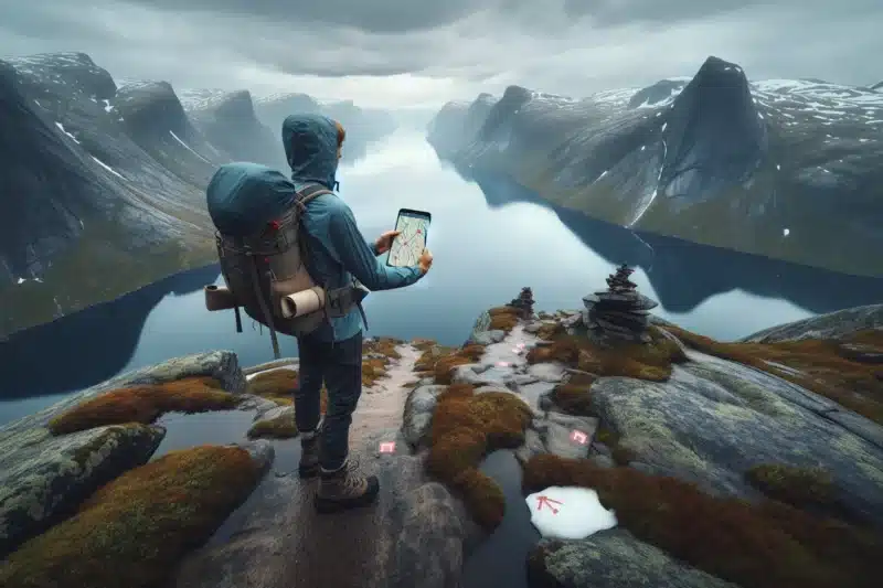 Hiker in norway checking trail maps at a fjord side mountain viewpoint