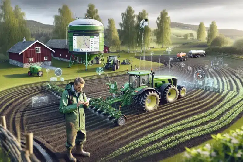 Norwegian farmer using weather and satellite data while a gps guided tractor works