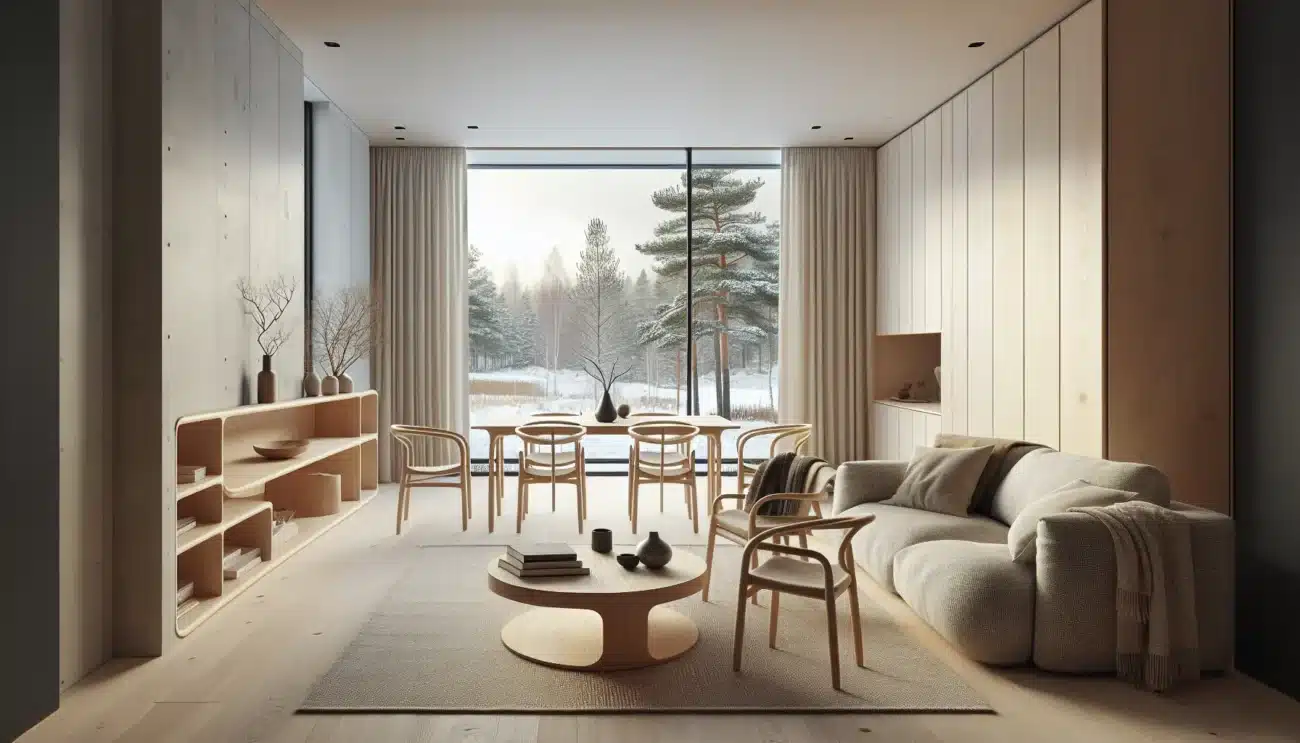 Norwegian minimalist living room with oak furniture wool textiles and soft daylight