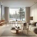 Norwegian minimalist living room with oak furniture wool textiles and soft daylight