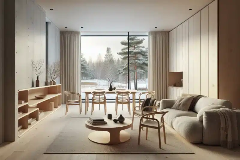 Norwegian minimalist living room with oak furniture wool textiles and soft daylight