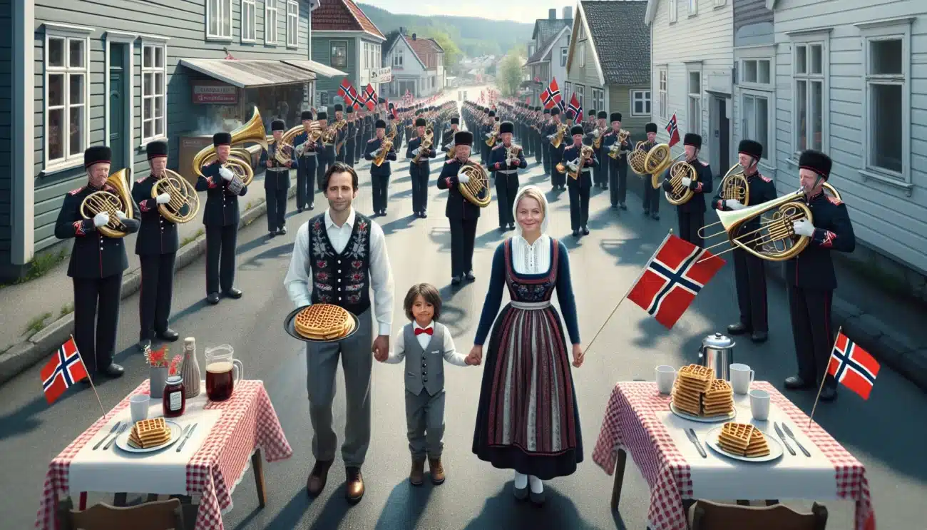 People in bunad marching in a norwegian 17 mai parade with flags