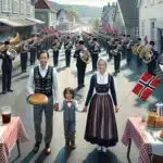 People in bunad marching in a norwegian 17 mai parade with flags