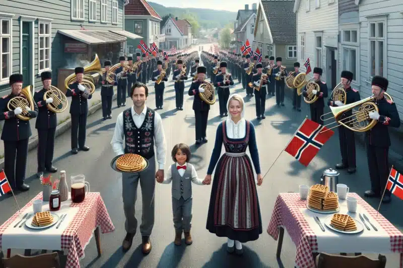 People in bunad marching in a norwegian 17 mai parade with flags